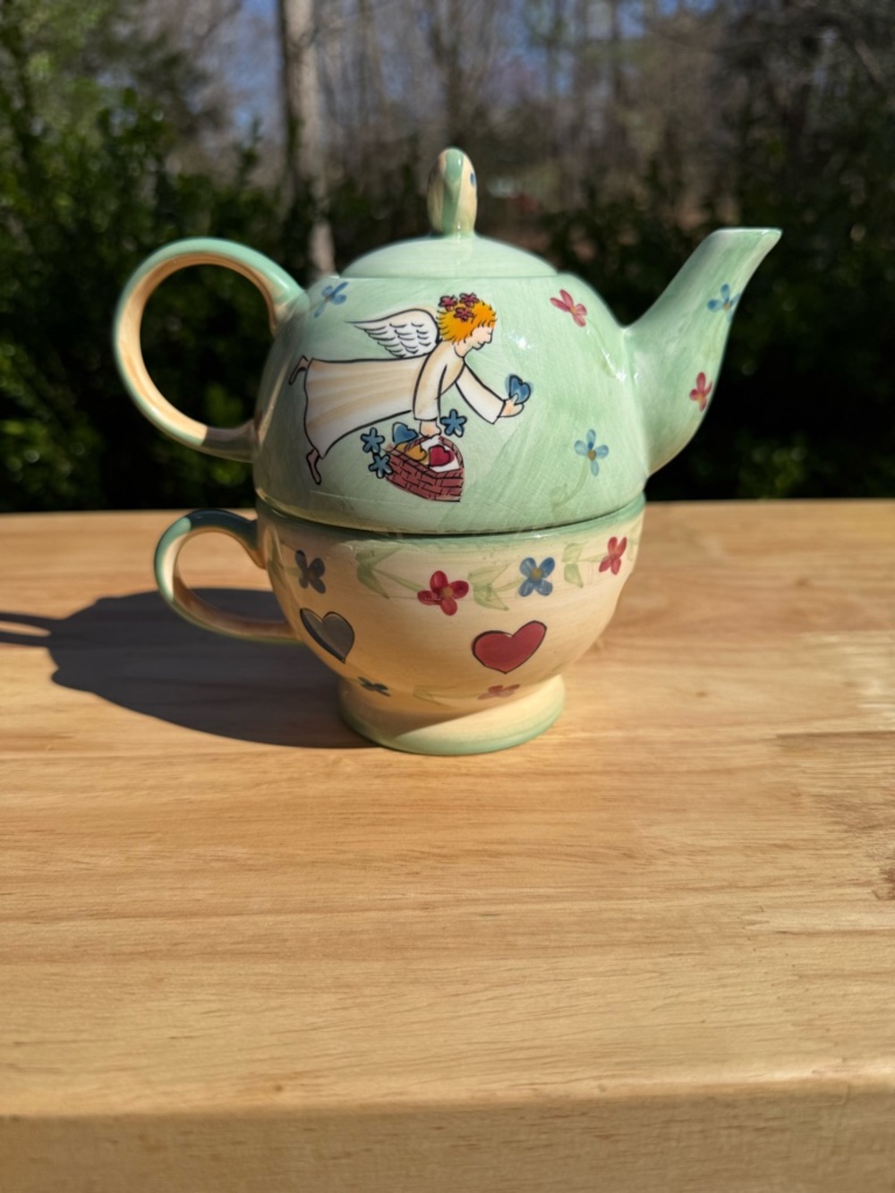 Hand-Painted Angel Teapot & Cup Set - Mint Green & Cream